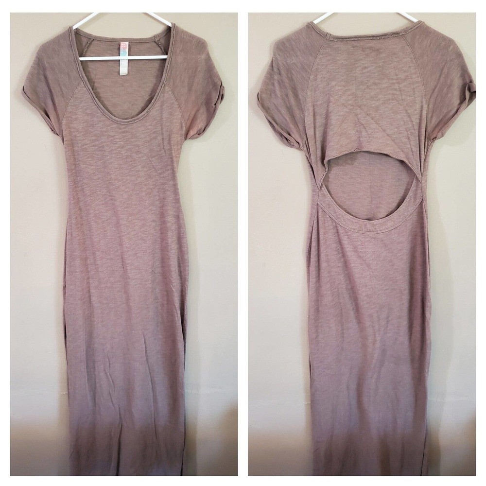 FP Beach Womens Slub Knit Maxi Dress Size XS Tan Short Sleeve Cut Out Back